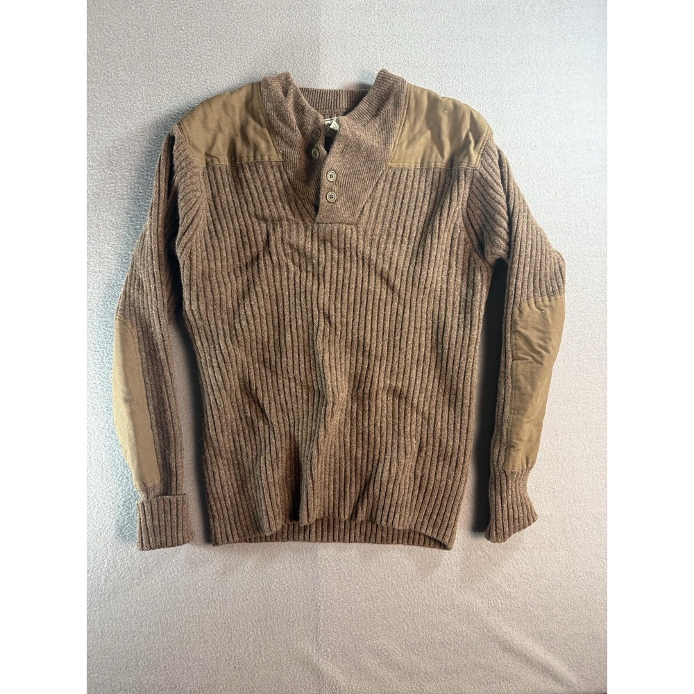 L.L. Bean Sweater Mens L Brown Henley Commando Wool Cotton Knit Hunting Patches